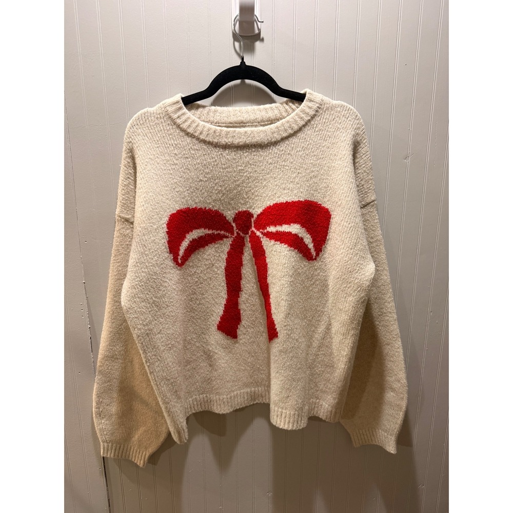 A New Day Cream Bow Graphic Crewneck Sweater XL Red Bow Intarsia Knit Pullover